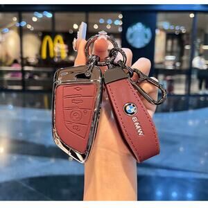 Leather and aluminum key fob cover set for a BMW Burgundy
